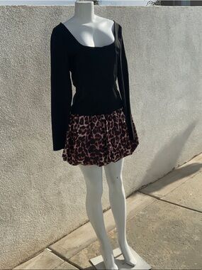 Black Long-Sleeve Top with Attached Leopard Print Mini Skirt